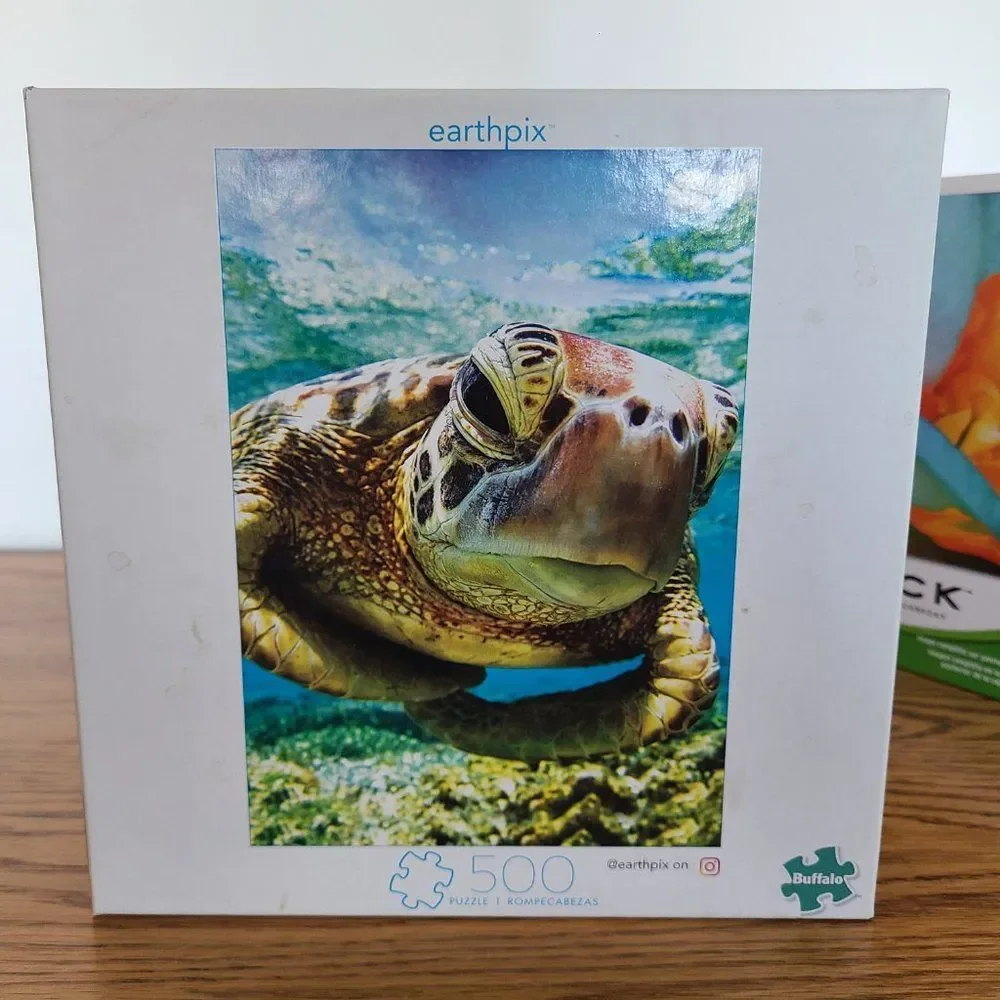 500 Piece Puzzle Lot - Set of Two - Turtle and Flower - Buffalo and Mega Puzzles